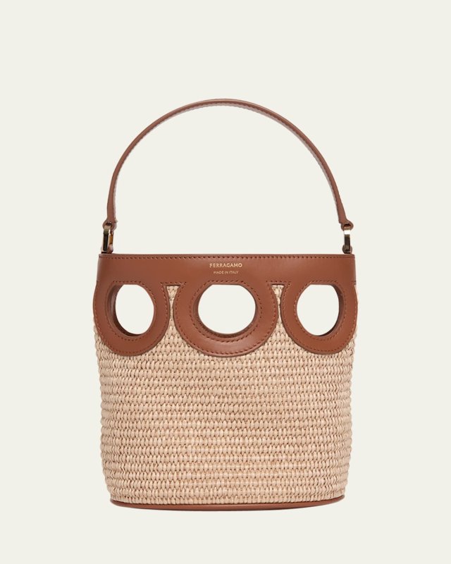 Gancini Frame Raffia Bucket Bag